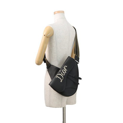 Dior Embroidered Logo Saddlebag Black Leather