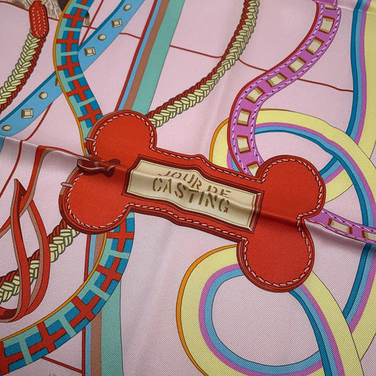 HERMES Carre Jules de Casting Jour DE CASTING Size 70 Beige/Pink/Turquoise Silk100%