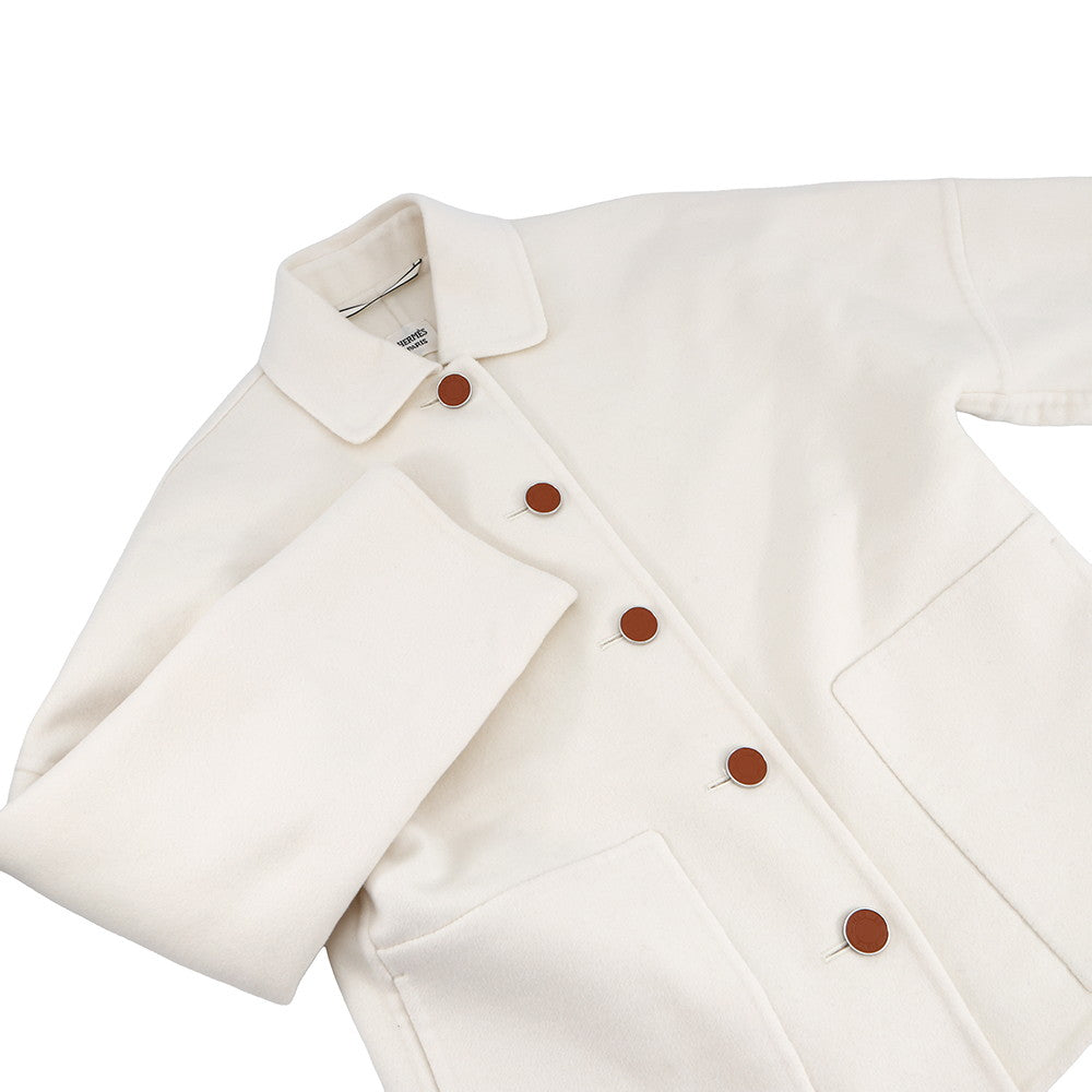HERMES Serie Button Short Coat Size 34 Ivory Cashmere100% Leather