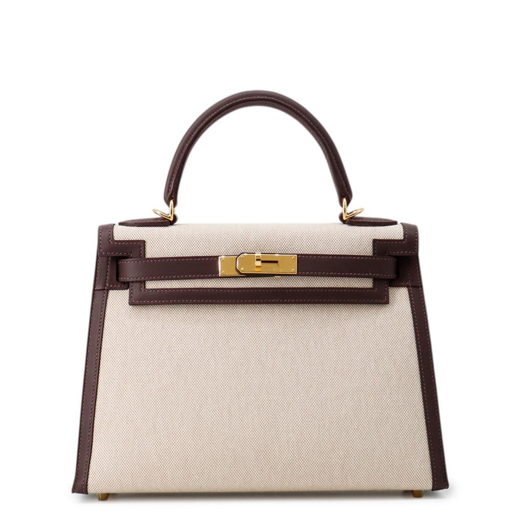 HERMES Kelly Sellier Moka/Ecru Swift Leather Toile H Size 28