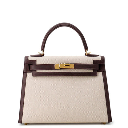 HERMES Kelly Sellier Moka/Ecru Swift Leather Toile H Size 28