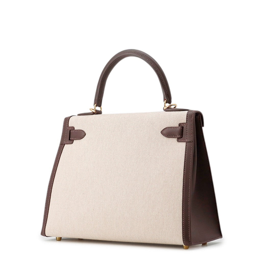HERMES Kelly Sellier Moka/Ecru Swift Leather Toile H Size 28