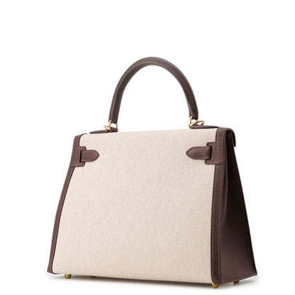 HERMES Kelly Sellier Moka/Ecru Swift Leather Toile H Size 28