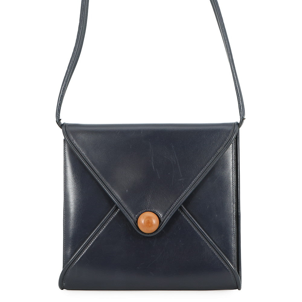 HERMES Wood Shoulder Bag Navy Box Calf Leather