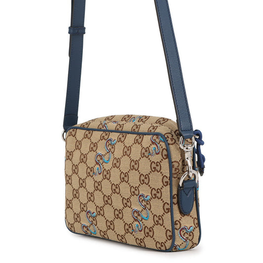 GUCCI GG Canvas Snake Shoulder Bag Beige/Navy817771 GG Canvas Leather