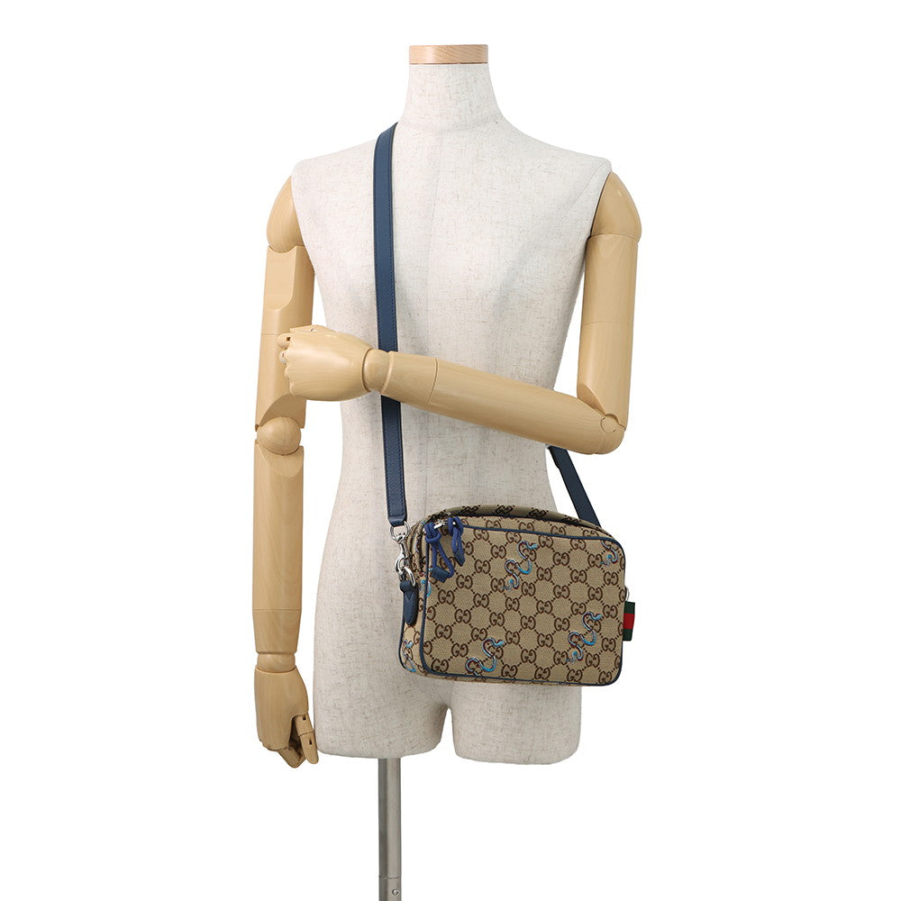 GUCCI GG Canvas Snake Shoulder Bag Beige/Navy817771 GG Canvas Leather