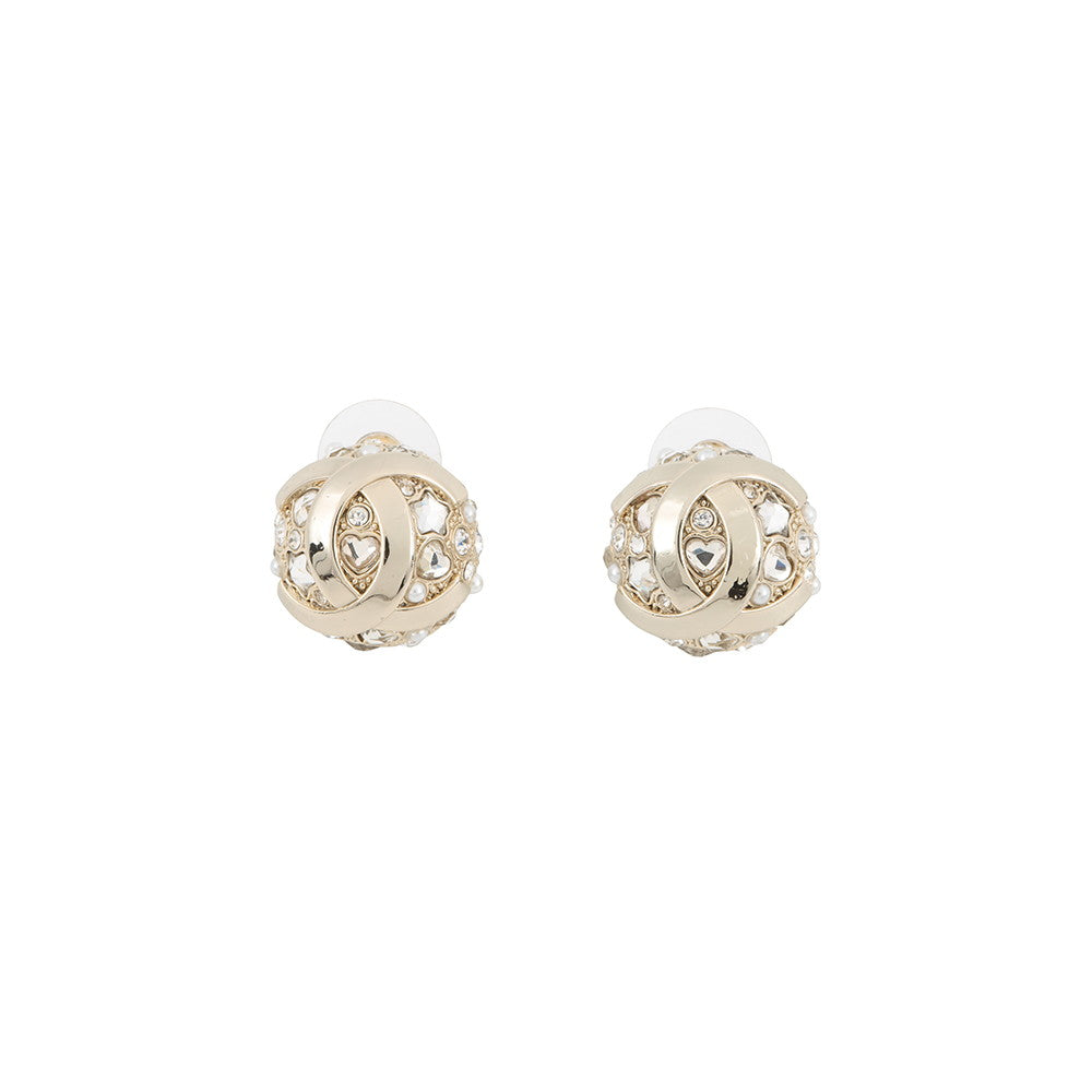 CHANEL CC Logo Round Earrings GoldABF219 B19947 NAFRM Gold Plated Rhinestone Faux Pearl