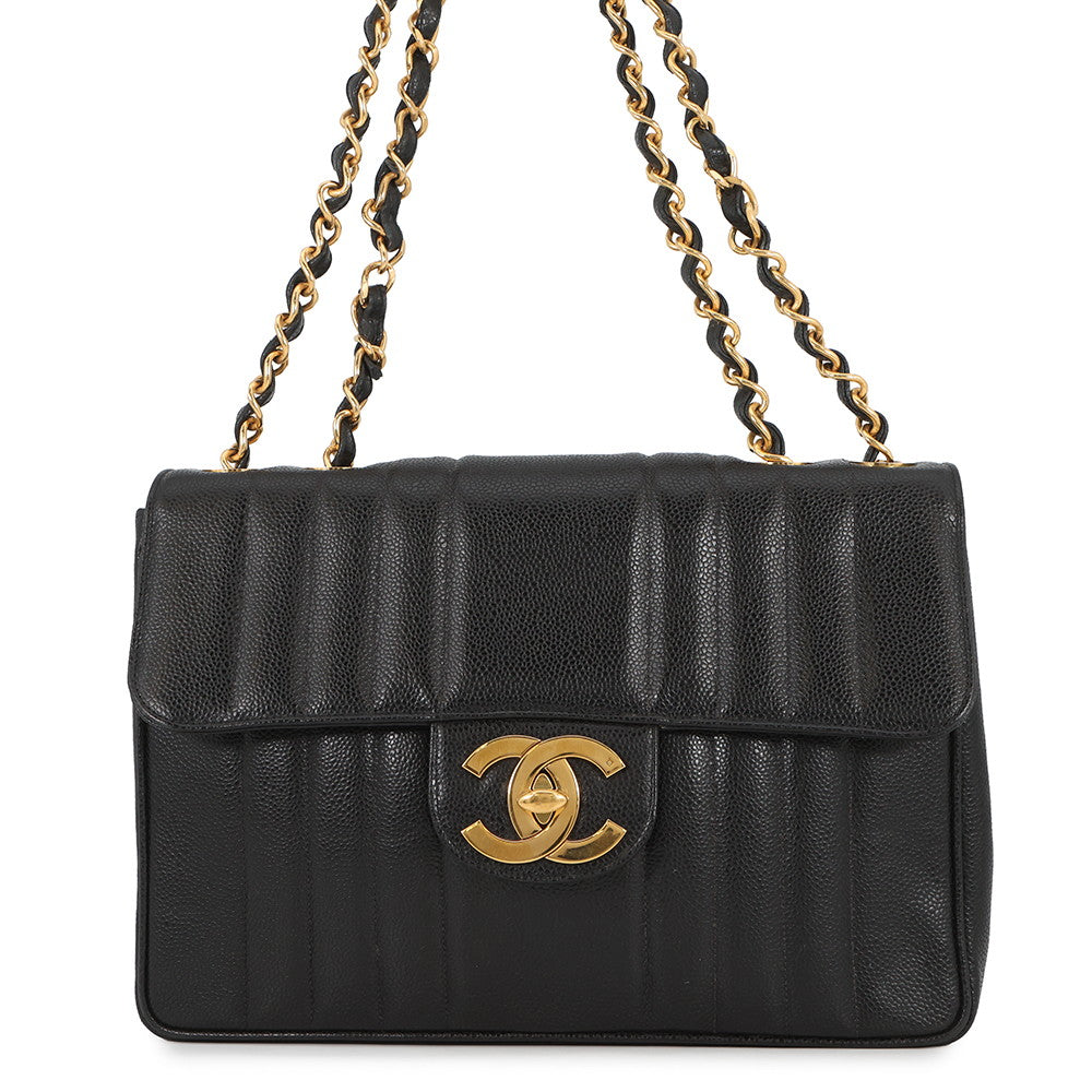 CHANEL Mademoiselle Chain Shoulder Bag Black Caviar Leather Size 30