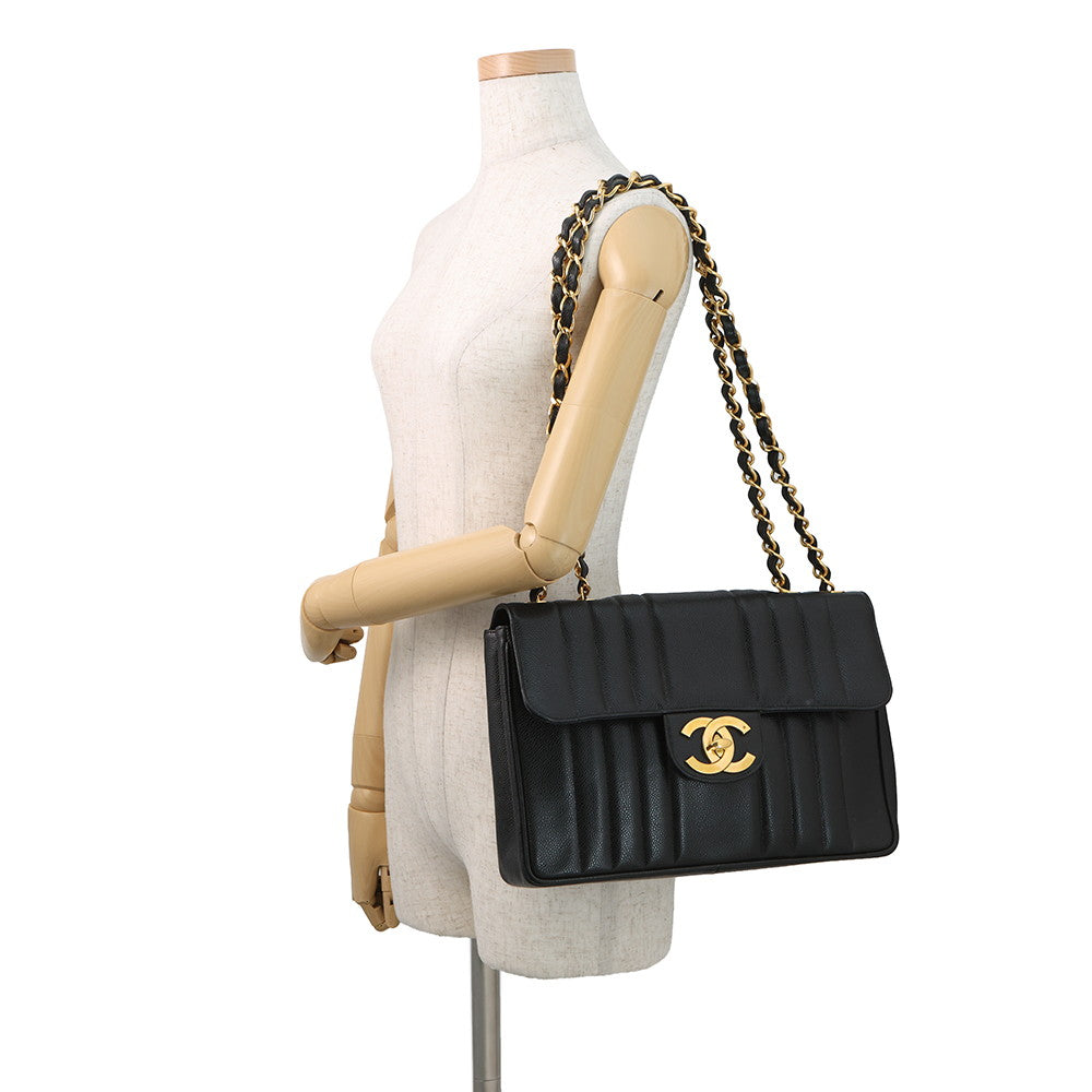 CHANEL Mademoiselle Chain Shoulder Bag Black Caviar Leather Size 30