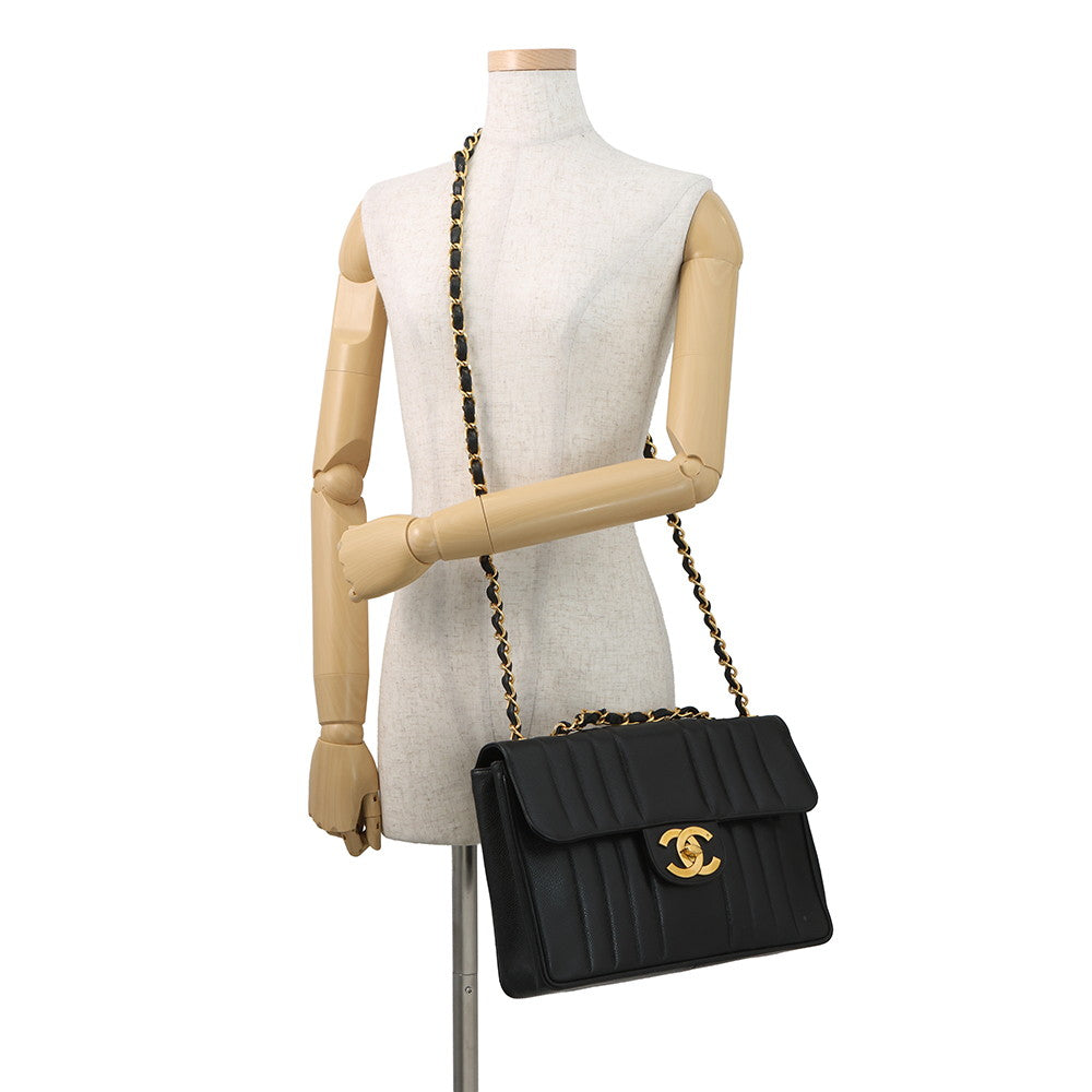 CHANEL Mademoiselle Chain Shoulder Bag Black Caviar Leather Size 30