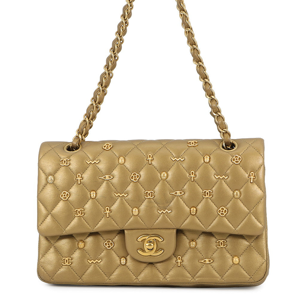 CHANEL Matelasse Egyptian Bag Charm Chain Shoulder Bag GoldA01112 Lambskin Size 25