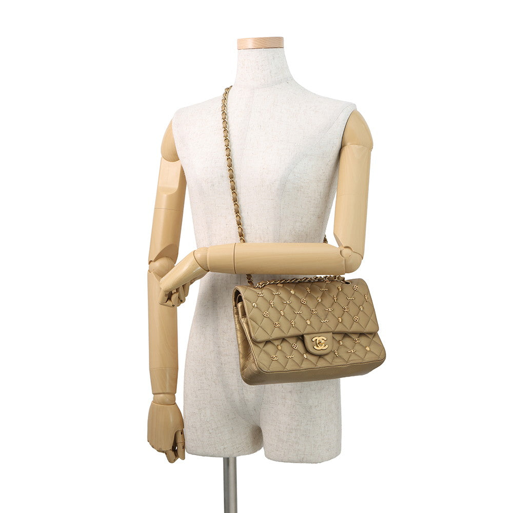 CHANEL Matelasse Egyptian Bag Charm Chain Shoulder Bag GoldA01112 Lambskin Size 25