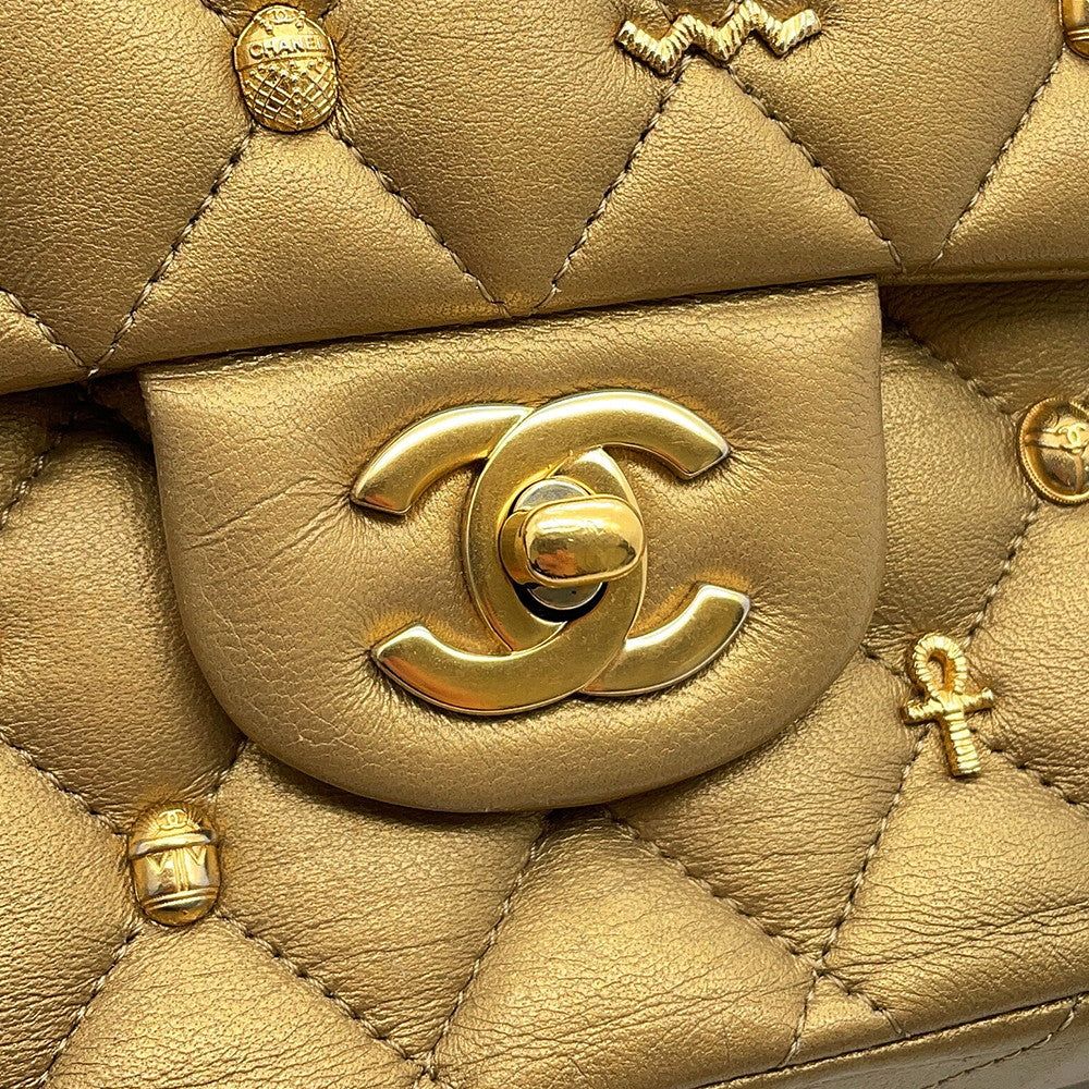 CHANEL Matelasse Egyptian Bag Charm Chain Shoulder Bag GoldA01112 Lambskin Size 25