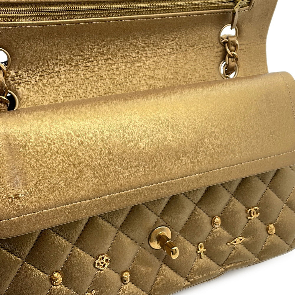 CHANEL Matelasse Egyptian Bag Charm Chain Shoulder Bag GoldA01112 Lambskin Size 25
