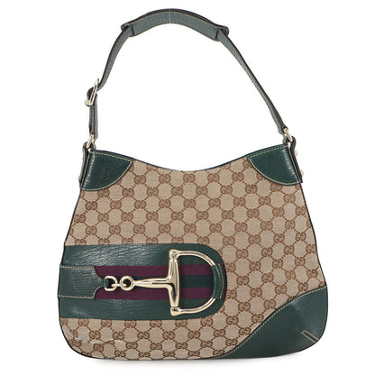 GUCCI Horsebit One-Shoulder Bag Beige/Green137388 GG Canvas Leather