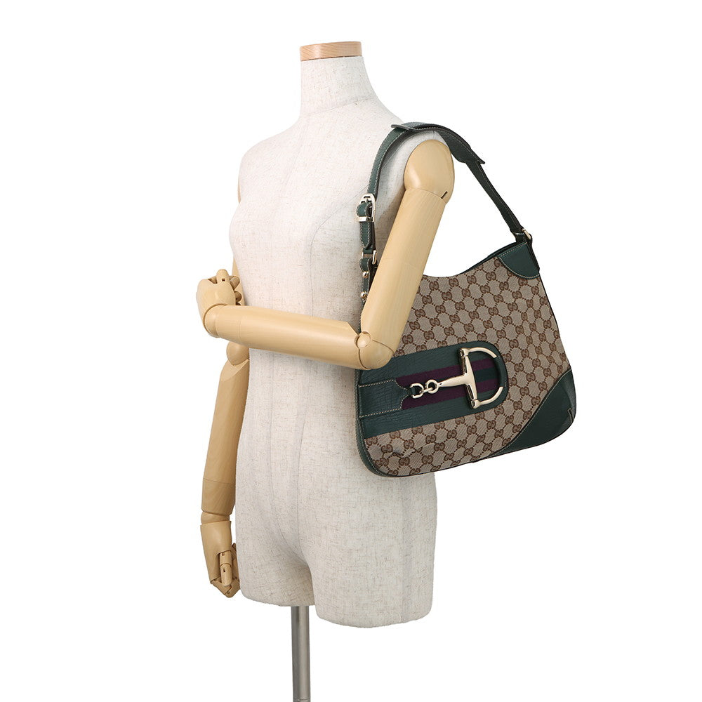 GUCCI Horsebit One-Shoulder Bag Beige/Green137388 GG Canvas Leather