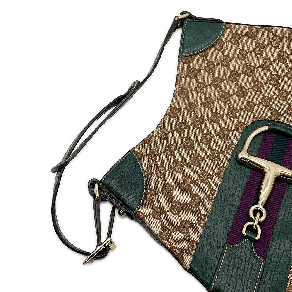 GUCCI Horsebit One-Shoulder Bag Beige/Green137388 GG Canvas Leather