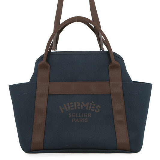 HERMES Sac de Pansage Navy/Feu Toile Chevrons Canvas