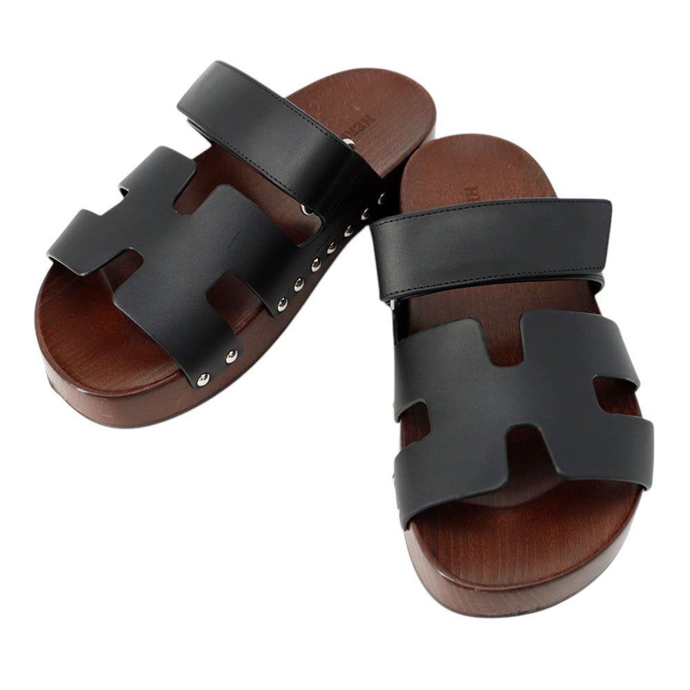 HERMES Cosplay Sandals Black/Brown Leather Wood Size 35