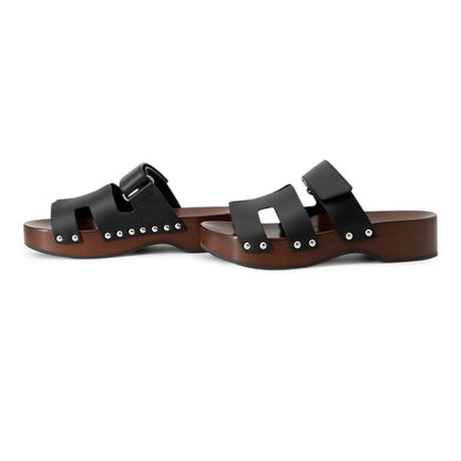 HERMES Cosplay Sandals Black/Brown Leather Wood Size 35