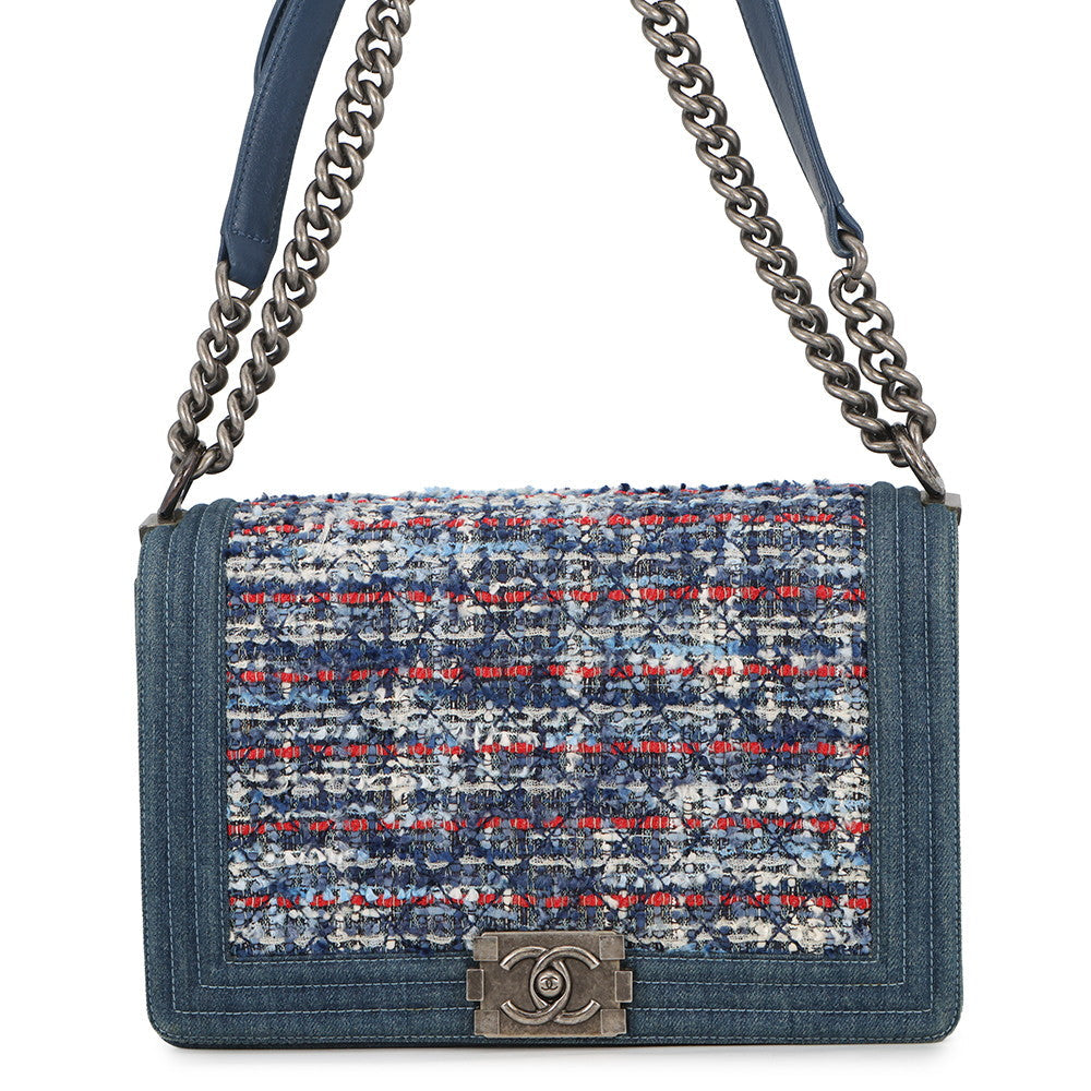 CHANEL Boy Chanel ChainShoulder Bag Blue Tweed Denim Leather Size 28