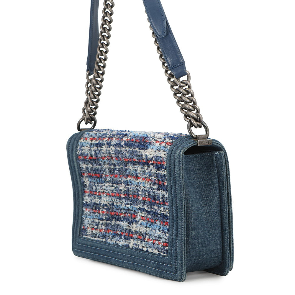 CHANEL Boy Chanel ChainShoulder Bag Blue Tweed Denim Leather Size 28