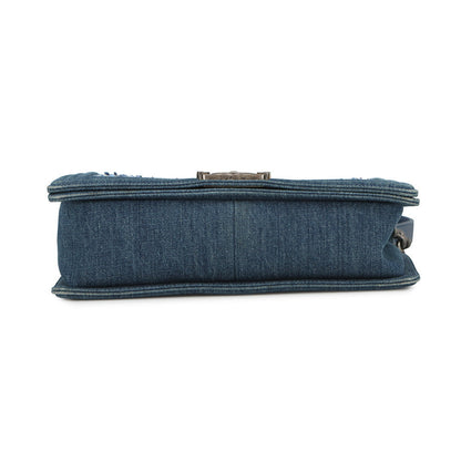 CHANEL Boy Chanel ChainShoulder Bag Blue Tweed Denim Leather Size 28