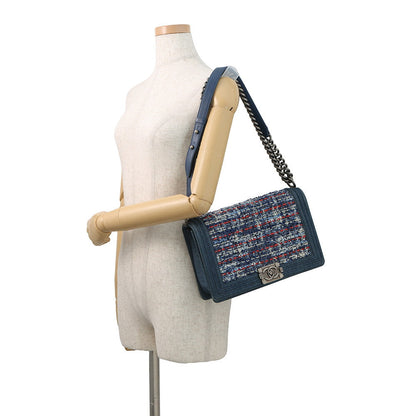 CHANEL Boy Chanel ChainShoulder Bag Blue Tweed Denim Leather Size 28