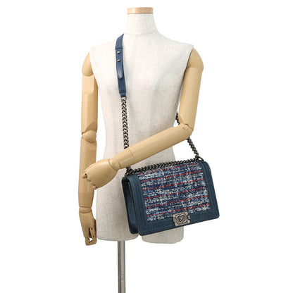 CHANEL Boy Chanel ChainShoulder Bag Blue Tweed Denim Leather Size 28