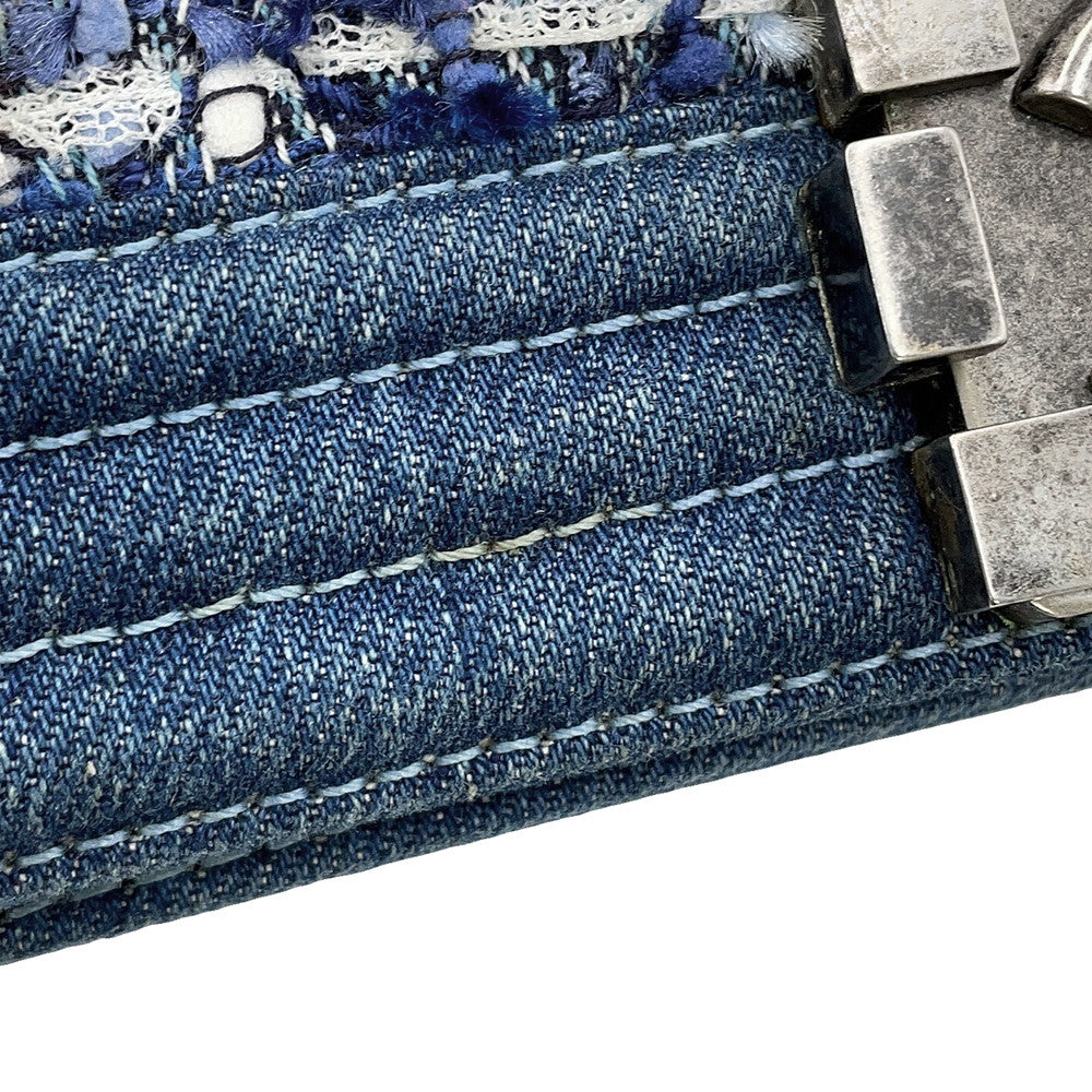 CHANEL Boy Chanel ChainShoulder Bag Blue Tweed Denim Leather Size 28