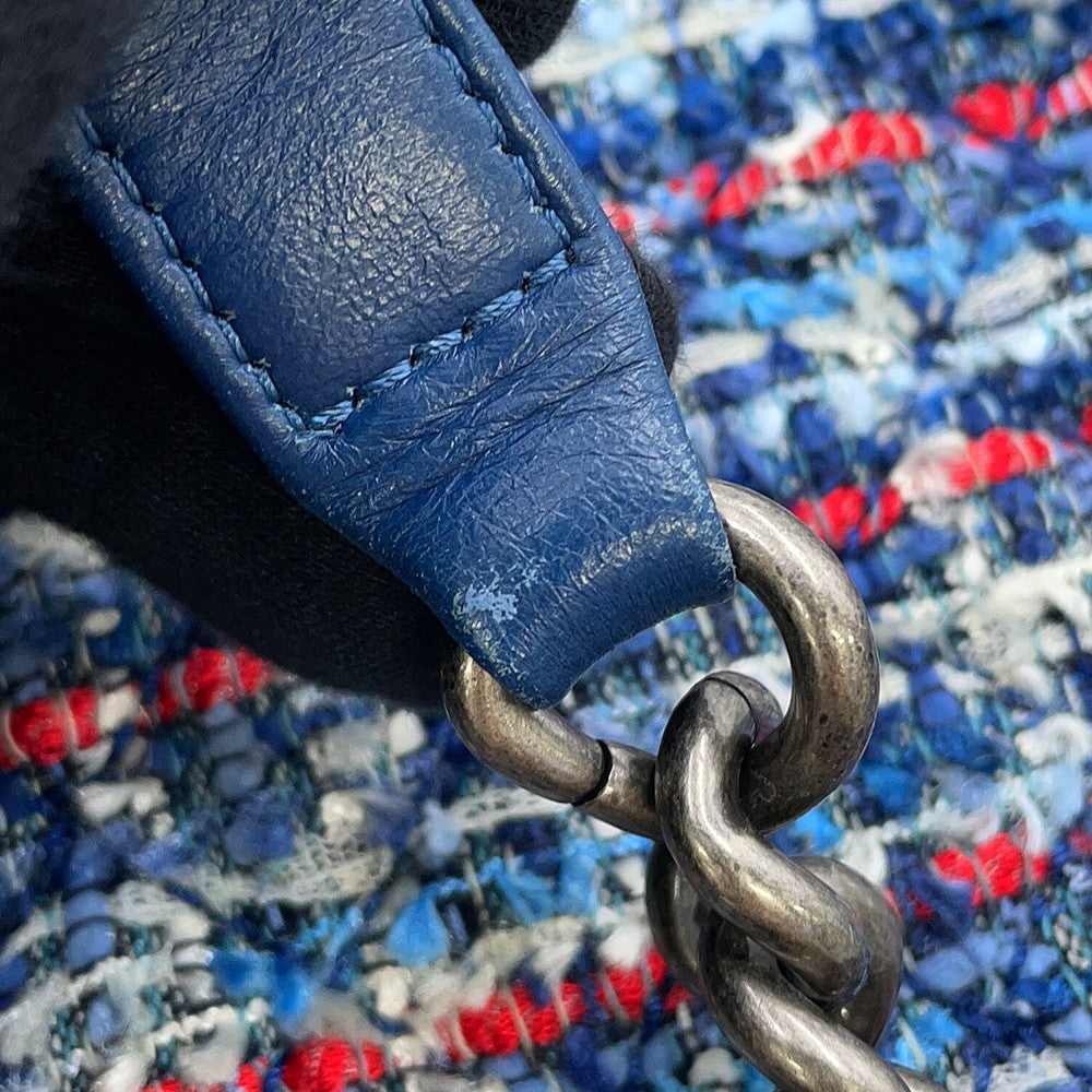 CHANEL Boy Chanel ChainShoulder Bag Blue Tweed Denim Leather Size 28