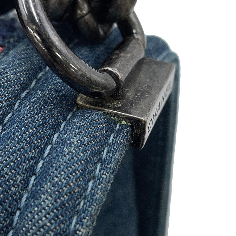 CHANEL Boy Chanel ChainShoulder Bag Blue Tweed Denim Leather Size 28