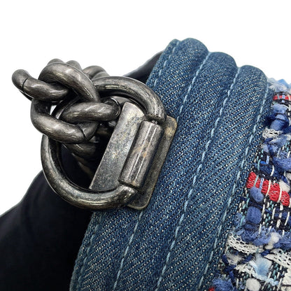 CHANEL Boy Chanel ChainShoulder Bag Blue Tweed Denim Leather Size 28