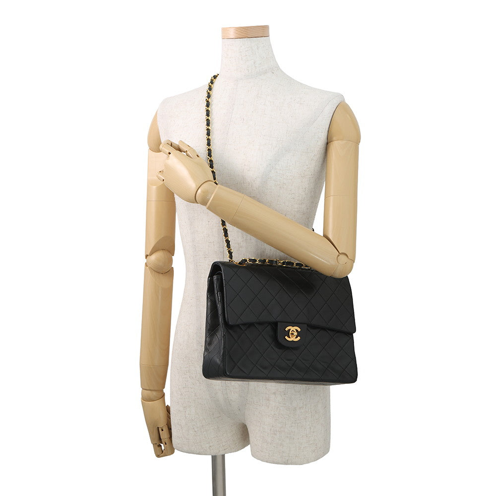 CHANEL Matelasse W Flap ChainShoulder Bag Black Lambskin Size 25