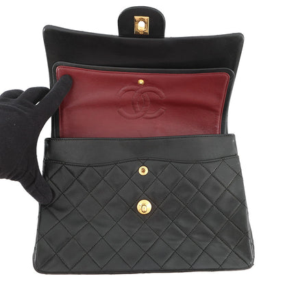CHANEL Matelasse W Flap ChainShoulder Bag Black Lambskin Size 25