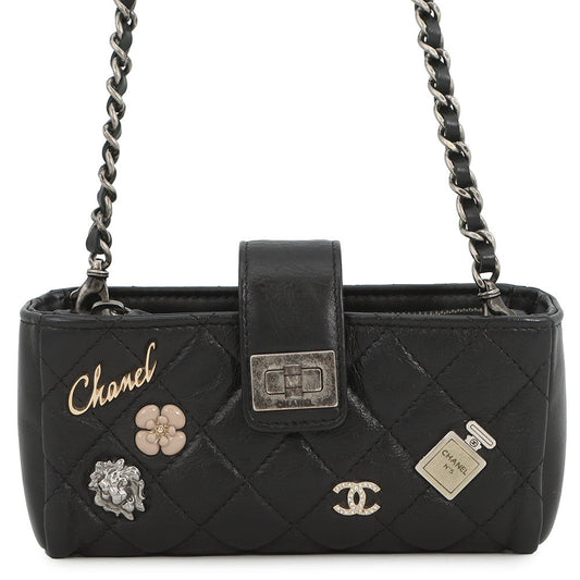 CHANEL 2.55 Phone Case Chain Pochette Lucky Bag Charm BlackA80446 Calf Leather Rhinestone Size Mini