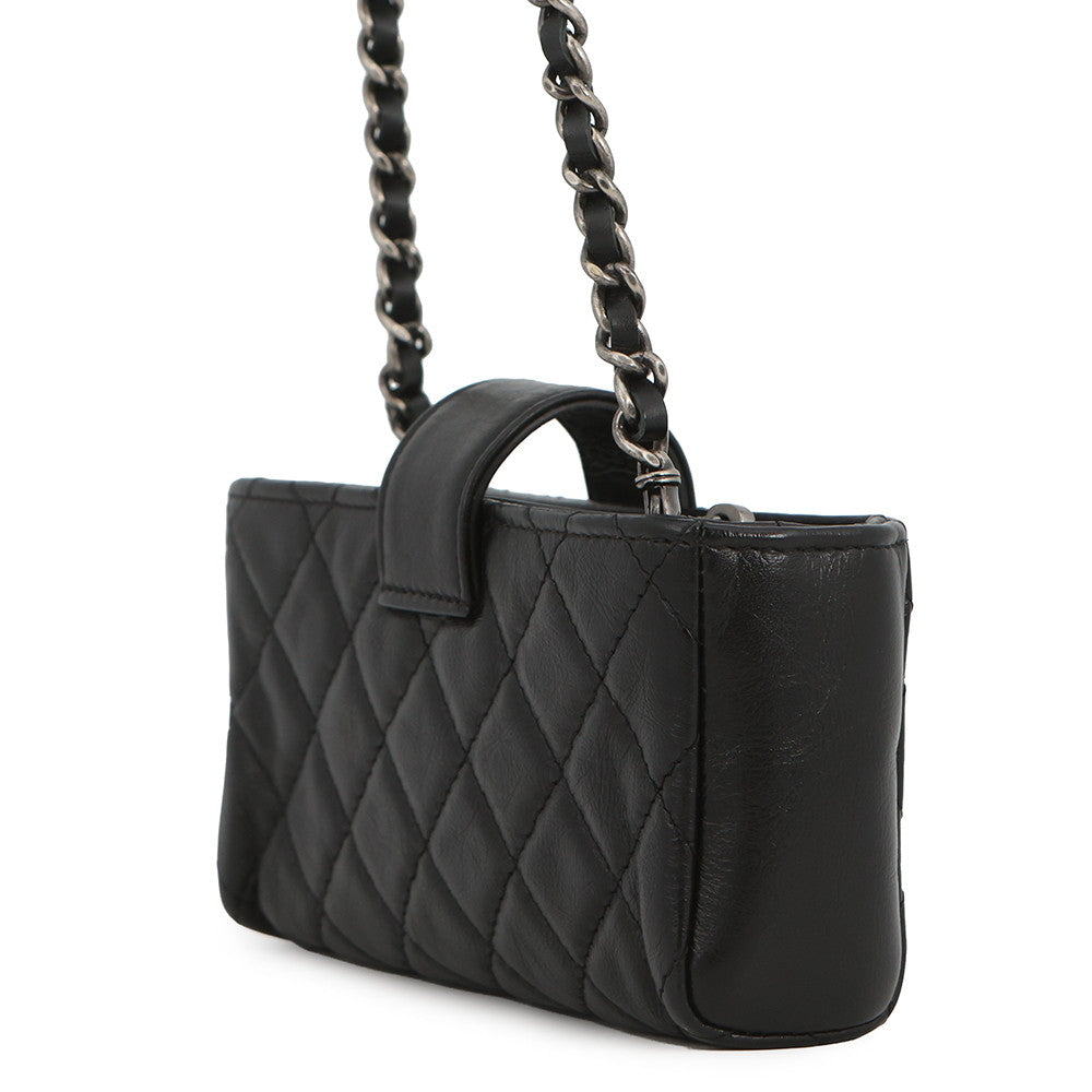 CHANEL 2.55 Phone Case Chain Pochette Lucky Bag Charm BlackA80446 Calf Leather Rhinestone Size Mini