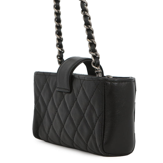 CHANEL 2.55 Phone Case Chain Pochette Lucky Bag Charm BlackA80446 Calf Leather Rhinestone Size Mini