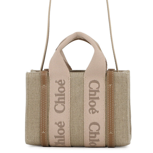 Chloe Woody 2-way tote bag Brassie BeigeCHC24UP237L1726Y Canvas Shiny Calf Leather Size Mini