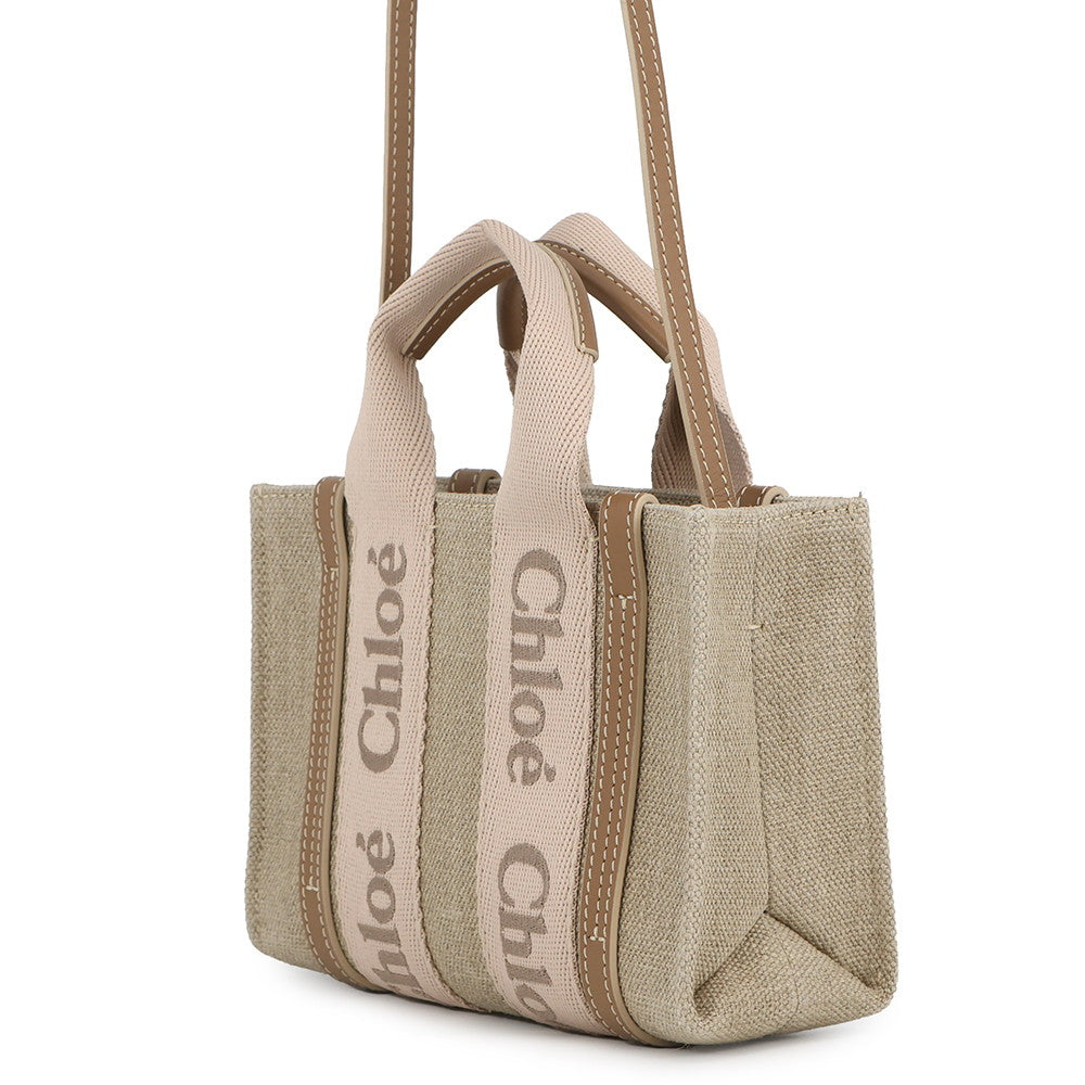 Chloe Woody 2-way tote bag Brassie BeigeCHC24UP237L1726Y Canvas Shiny Calf Leather Size Mini