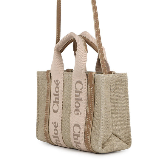 Chloe Woody 2-way tote bag Brassie BeigeCHC24UP237L1726Y Canvas Shiny Calf Leather Size Mini