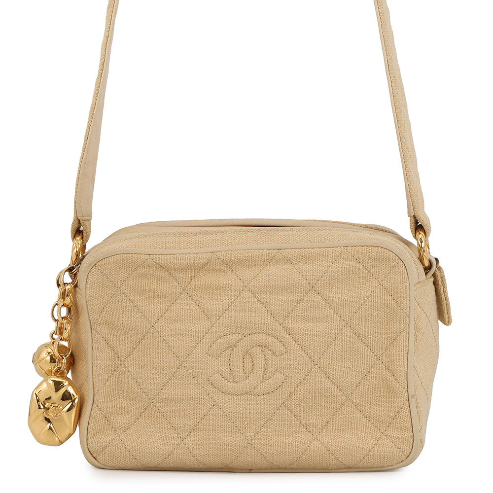 CHANEL CC Logo Matelasse Shoulder Bag Beige Canvas Leather