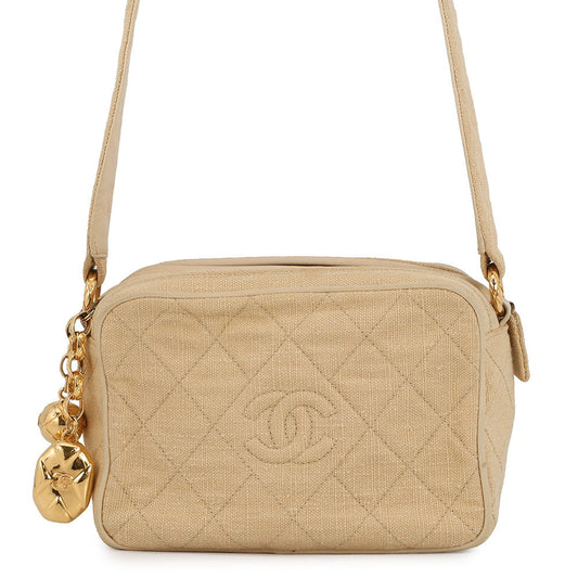 CHANEL CC Logo Matelasse Shoulder Bag Beige Canvas Leather