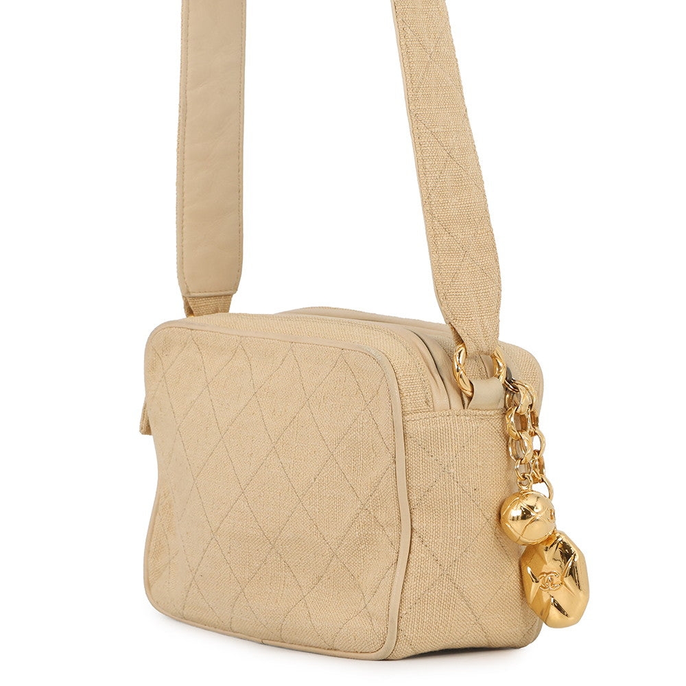 CHANEL CC Logo Matelasse Shoulder Bag Beige Canvas Leather