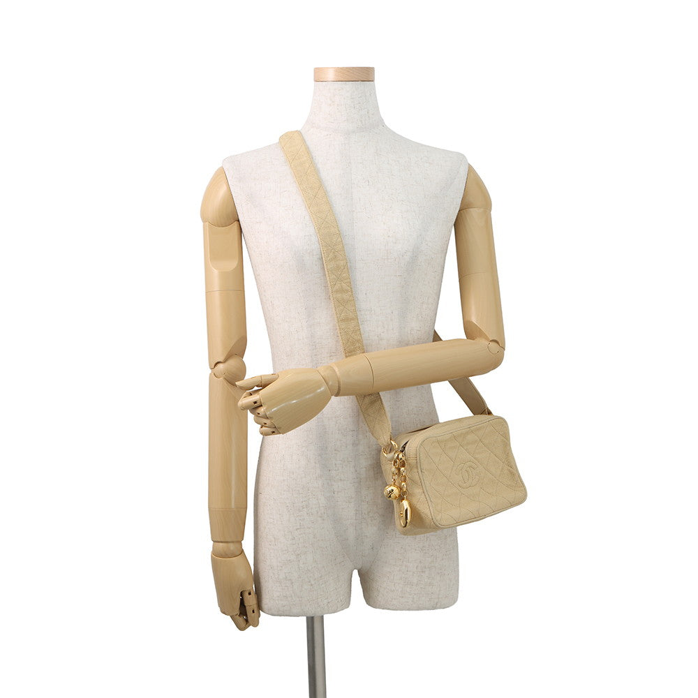CHANEL CC Logo Matelasse Shoulder Bag Beige Canvas Leather
