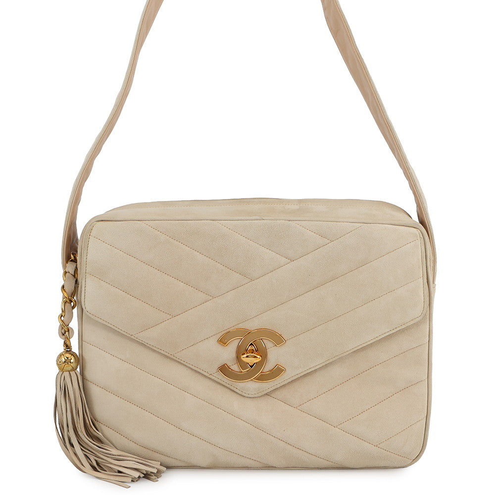 CHANEL Bias stitch Shoulder Bag Beige suede