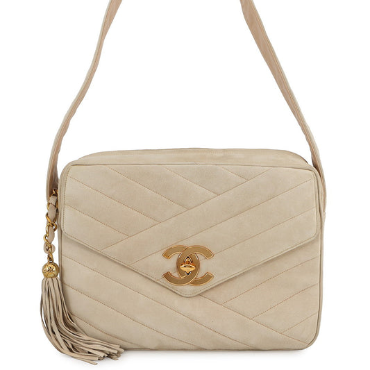 CHANEL Bias stitch Shoulder Bag Beige suede
