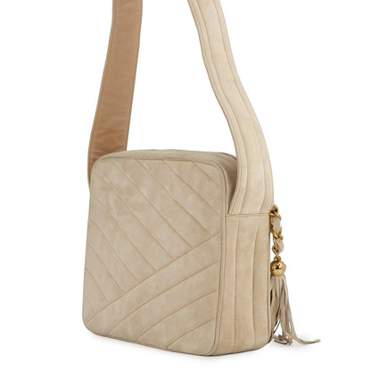 CHANEL Bias stitch Shoulder Bag Beige suede