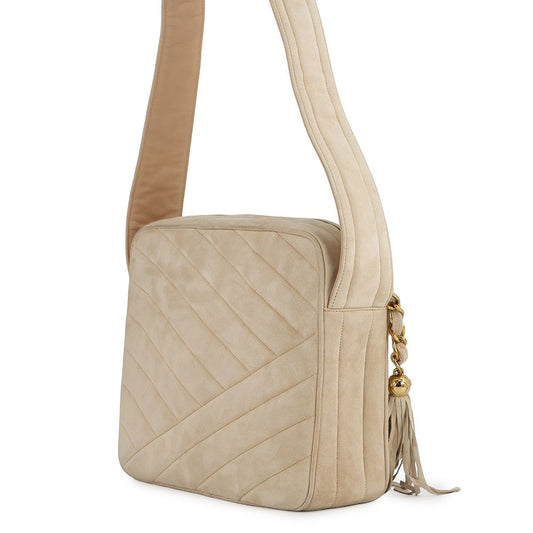 CHANEL Bias stitch Shoulder Bag Beige suede
