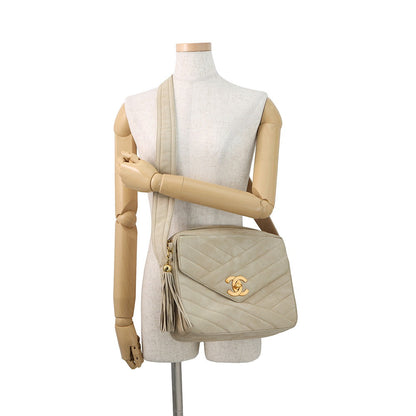CHANEL Bias stitch Shoulder Bag Beige suede